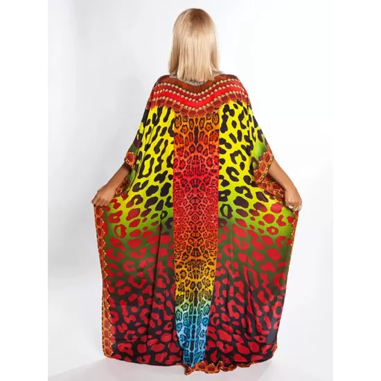 Colorful Leopard Print Loose Split-Side Beach Cover-Up Swimwear Colorful Leopard Print Loose Split-Side Beach Cover-Up Swimwear