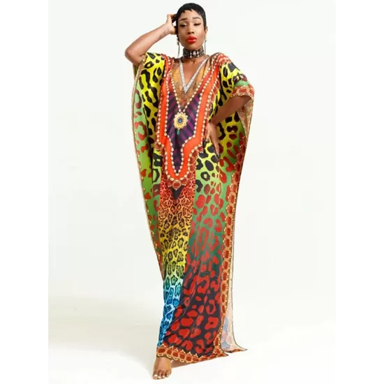 Colorful Leopard Print Loose Split-Side Beach Cover-Up Swimwear Colorful Leopard Print Loose Split-Side Beach Cover-Up Swimwear