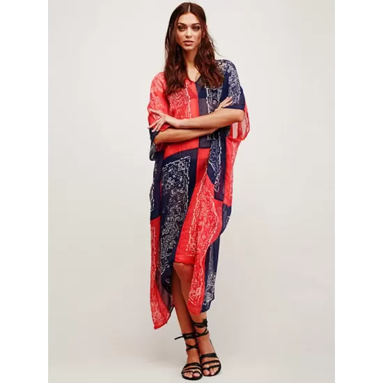 Chiffon Red And Blue Squares Print Loose Cover-Up Swimwear Chiffon Red And Blue Squares Print Loose Cover-Up Swimwear