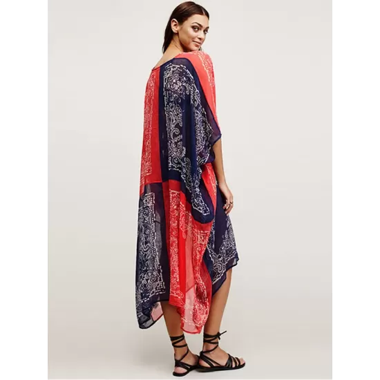 Chiffon Red And Blue Squares Print Loose Cover-Up Swimwear Chiffon Red And Blue Squares Print Loose Cover-Up Swimwear