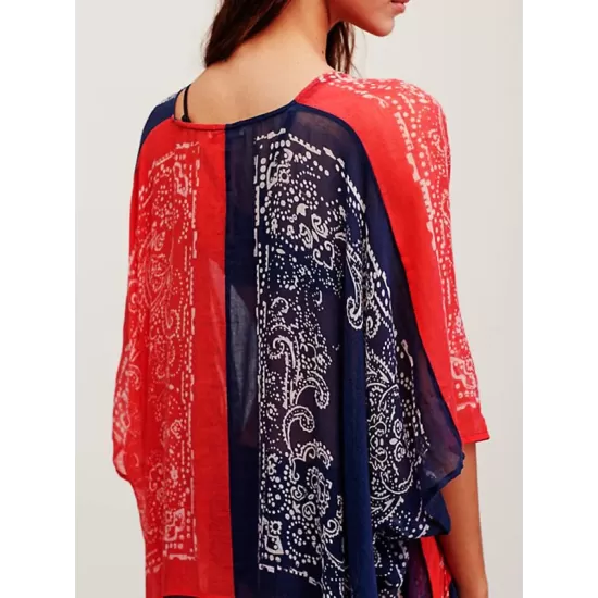 Chiffon Red And Blue Squares Print Loose Cover-Up Swimwear Chiffon Red And Blue Squares Print Loose Cover-Up Swimwear