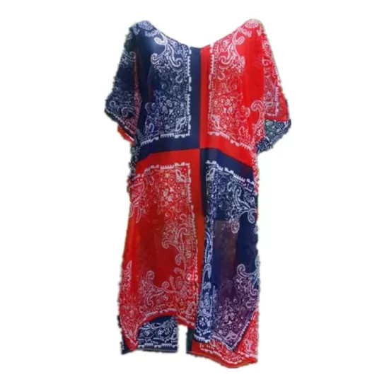 Chiffon Red And Blue Squares Print Loose Cover-Up Swimwear Chiffon Red And Blue Squares Print Loose Cover-Up Swimwear