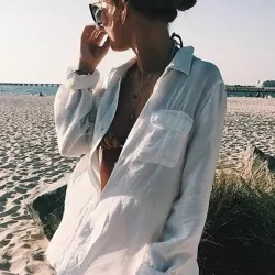 Simple Solid Color Button Long Sleeve Shirt-Style Cover-Up Swimwear