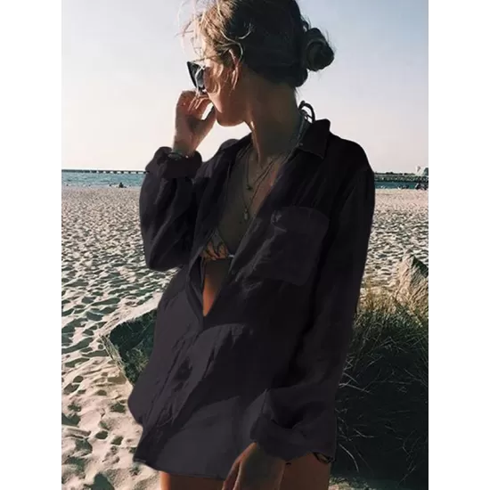 Simple Solid Color Button Long Sleeve Shirt-Style Cover-Up Swimwear Simple Solid Color Button Long Sleeve Shirt-Style Cover-Up Swimwear