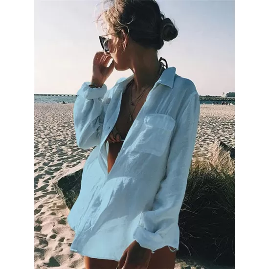 Simple Solid Color Button Long Sleeve Shirt-Style Cover-Up Swimwear Simple Solid Color Button Long Sleeve Shirt-Style Cover-Up Swimwear
