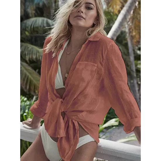 Simple Solid Color Button Long Sleeve Shirt-Style Cover-Up Swimwear Simple Solid Color Button Long Sleeve Shirt-Style Cover-Up Swimwear