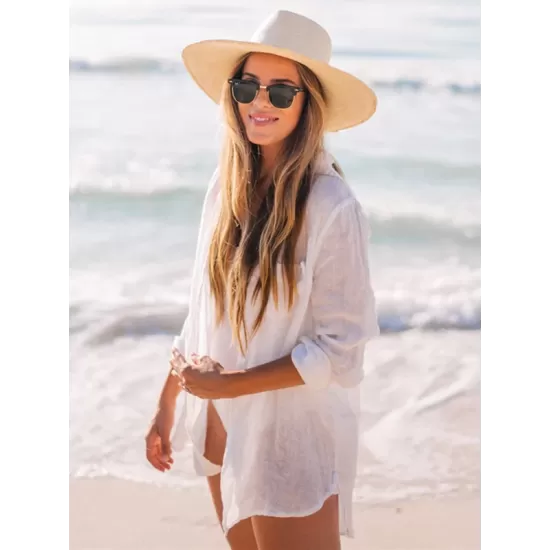 Simple Solid Color Button Long Sleeve Shirt-Style Cover-Up Swimwear Simple Solid Color Button Long Sleeve Shirt-Style Cover-Up Swimwear