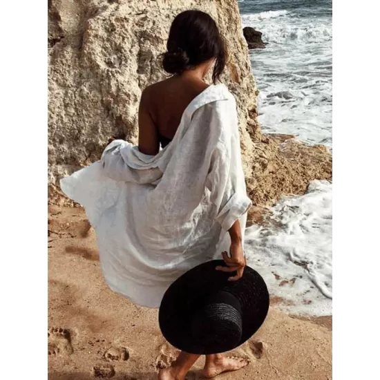 Simple Solid Color Button Long Sleeve Shirt-Style Cover-Up Swimwear Simple Solid Color Button Long Sleeve Shirt-Style Cover-Up Swimwear