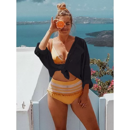 Simple Solid Color Button Long Sleeve Shirt-Style Cover-Up Swimwear Simple Solid Color Button Long Sleeve Shirt-Style Cover-Up Swimwear