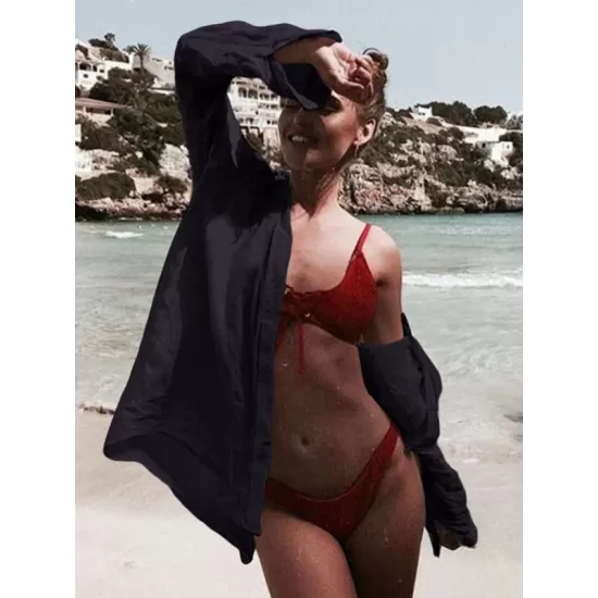 Simple Solid Color Button Long Sleeve Shirt-Style Cover-Up Swimwear Simple Solid Color Button Long Sleeve Shirt-Style Cover-Up Swimwear