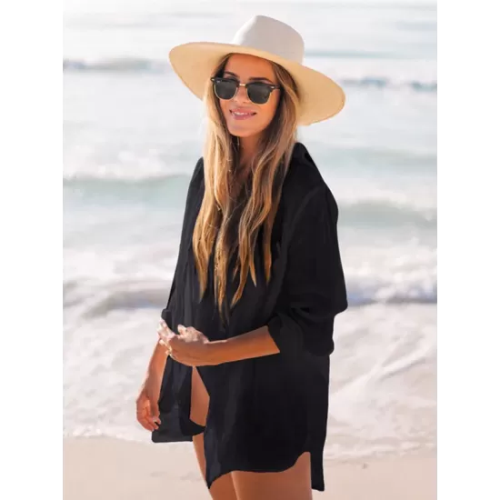 Simple Solid Color Button Long Sleeve Shirt-Style Cover-Up Swimwear Simple Solid Color Button Long Sleeve Shirt-Style Cover-Up Swimwear