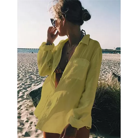 Simple Solid Color Button Long Sleeve Shirt-Style Cover-Up Swimwear Simple Solid Color Button Long Sleeve Shirt-Style Cover-Up Swimwear