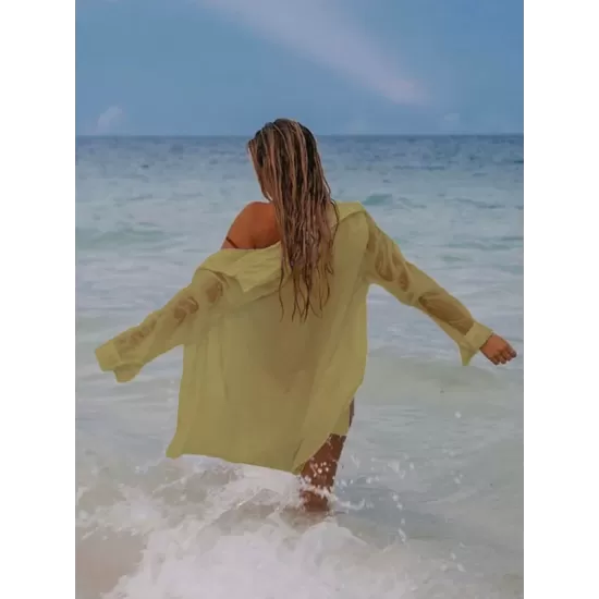 Simple Solid Color Button Long Sleeve Shirt-Style Cover-Up Swimwear Simple Solid Color Button Long Sleeve Shirt-Style Cover-Up Swimwear