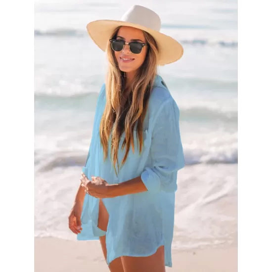 Simple Solid Color Button Long Sleeve Shirt-Style Cover-Up Swimwear Simple Solid Color Button Long Sleeve Shirt-Style Cover-Up Swimwear