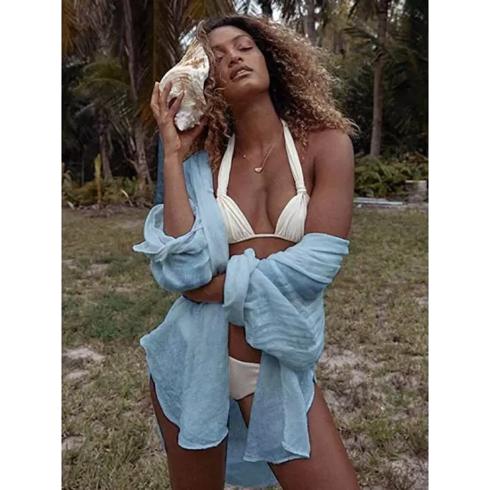 Simple Solid Color Button Long Sleeve Shirt-Style Cover-Up Swimwear Simple Solid Color Button Long Sleeve Shirt-Style Cover-Up Swimwear