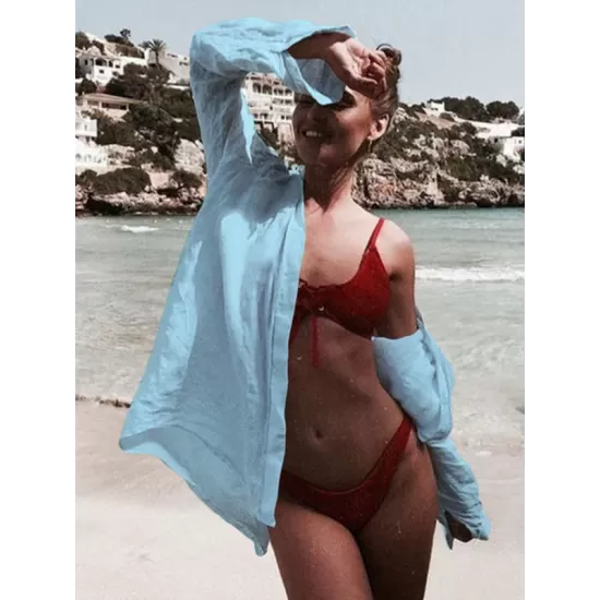 Simple Solid Color Button Long Sleeve Shirt-Style Cover-Up Swimwear Simple Solid Color Button Long Sleeve Shirt-Style Cover-Up Swimwear