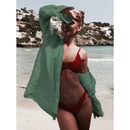 Simple Solid Color Button Long Sleeve Shirt-Style Cover-Up Swimwear Simple Solid Color Button Long Sleeve Shirt-Style Cover-Up Swimwear
