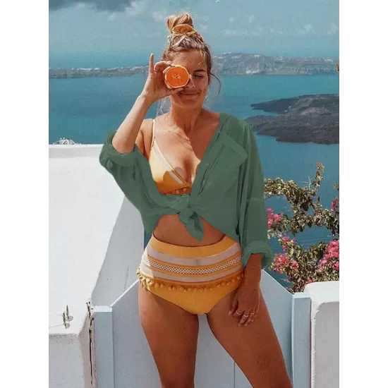 Simple Solid Color Button Long Sleeve Shirt-Style Cover-Up Swimwear Simple Solid Color Button Long Sleeve Shirt-Style Cover-Up Swimwear