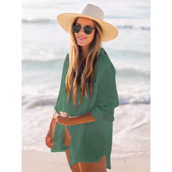Simple Solid Color Button Long Sleeve Shirt-Style Cover-Up Swimwear Simple Solid Color Button Long Sleeve Shirt-Style Cover-Up Swimwear