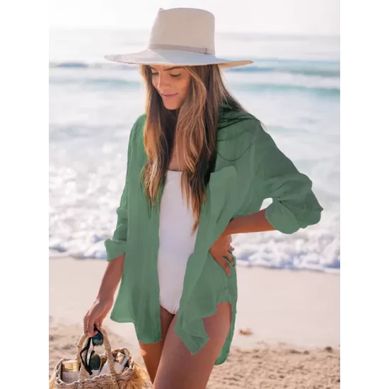 Simple Solid Color Button Long Sleeve Shirt-Style Cover-Up Swimwear Simple Solid Color Button Long Sleeve Shirt-Style Cover-Up Swimwear