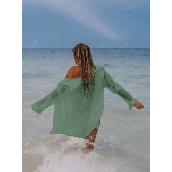 Simple Solid Color Button Long Sleeve Shirt-Style Cover-Up Swimwear Simple Solid Color Button Long Sleeve Shirt-Style Cover-Up Swimwear