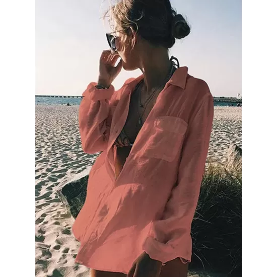 Simple Solid Color Button Long Sleeve Shirt-Style Cover-Up Swimwear Simple Solid Color Button Long Sleeve Shirt-Style Cover-Up Swimwear