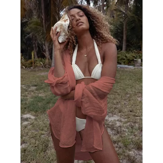 Simple Solid Color Button Long Sleeve Shirt-Style Cover-Up Swimwear Simple Solid Color Button Long Sleeve Shirt-Style Cover-Up Swimwear