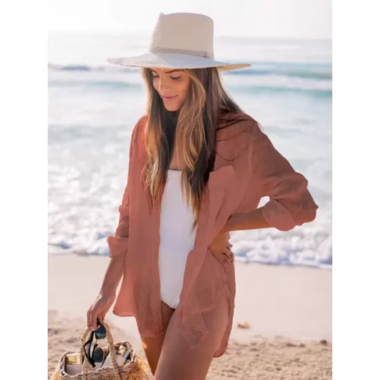 Simple Solid Color Button Long Sleeve Shirt-Style Cover-Up Swimwear Simple Solid Color Button Long Sleeve Shirt-Style Cover-Up Swimwear