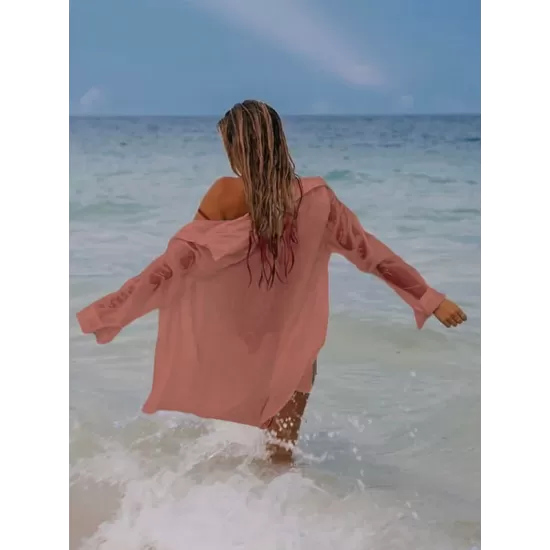 Simple Solid Color Button Long Sleeve Shirt-Style Cover-Up Swimwear Simple Solid Color Button Long Sleeve Shirt-Style Cover-Up Swimwear