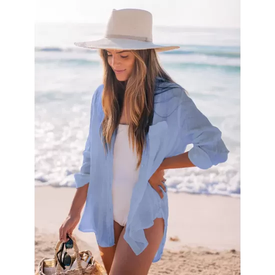 Simple Solid Color Button Long Sleeve Shirt-Style Cover-Up Swimwear Simple Solid Color Button Long Sleeve Shirt-Style Cover-Up Swimwear