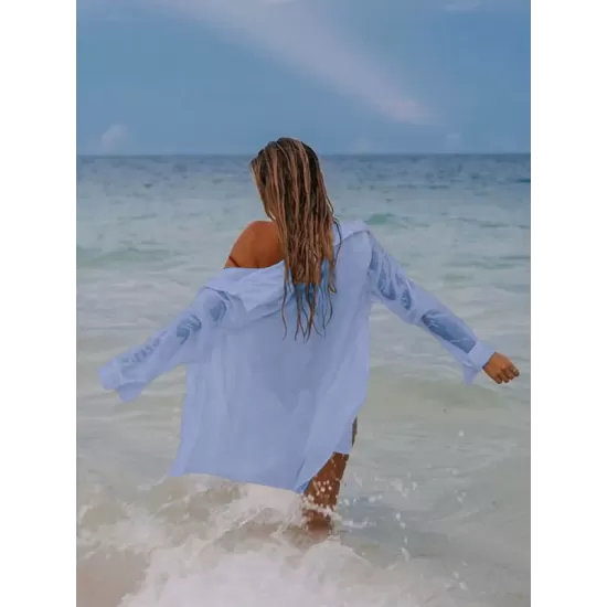 Simple Solid Color Button Long Sleeve Shirt-Style Cover-Up Swimwear Simple Solid Color Button Long Sleeve Shirt-Style Cover-Up Swimwear