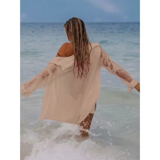 Simple Solid Color Button Long Sleeve Shirt-Style Cover-Up Swimwear Simple Solid Color Button Long Sleeve Shirt-Style Cover-Up Swimwear