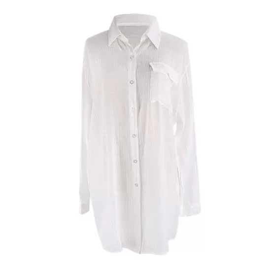 Simple Solid Color Button Long Sleeve Shirt-Style Cover-Up Swimwear Simple Solid Color Button Long Sleeve Shirt-Style Cover-Up Swimwear
