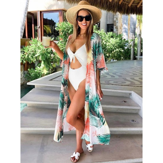 Colorful Leaf Printing Cardigan Loose Vacation Beach Cover-Up Swimwear Colorful Leaf Printing Cardigan Loose Vacation Beach Cover-Up Swimwear