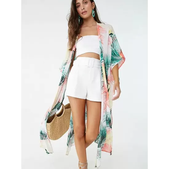 Colorful Leaf Printing Cardigan Loose Vacation Beach Cover-Up Swimwear Colorful Leaf Printing Cardigan Loose Vacation Beach Cover-Up Swimwear