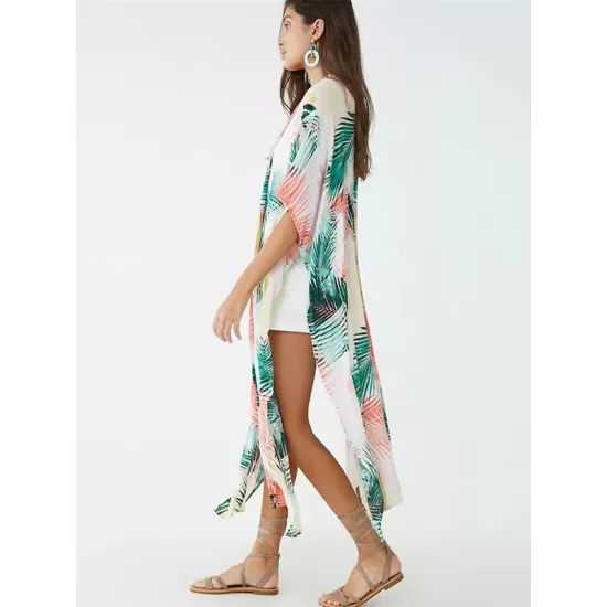 Colorful Leaf Printing Cardigan Loose Vacation Beach Cover-Up Swimwear Colorful Leaf Printing Cardigan Loose Vacation Beach Cover-Up Swimwear