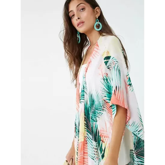 Colorful Leaf Printing Cardigan Loose Vacation Beach Cover-Up Swimwear Colorful Leaf Printing Cardigan Loose Vacation Beach Cover-Up Swimwear