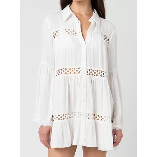 Plaid Long Sleeve Button Hollow Loose Vacation Cover-Up Swimwear Plaid Long Sleeve Button Hollow Loose Vacation Cover-Up Swimwear