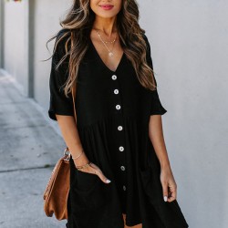 Half Sleeve V-Neck Button Loose Cover-Up Swimwear