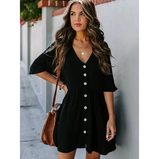 Half Sleeve V-Neck Button Loose Cover-Up Swimwear Half Sleeve V-Neck Button Loose Cover-Up Swimwear
