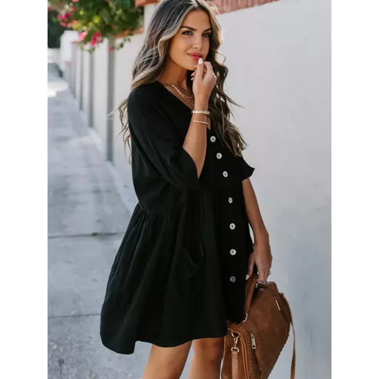 Half Sleeve V-Neck Button Loose Cover-Up Swimwear Half Sleeve V-Neck Button Loose Cover-Up Swimwear