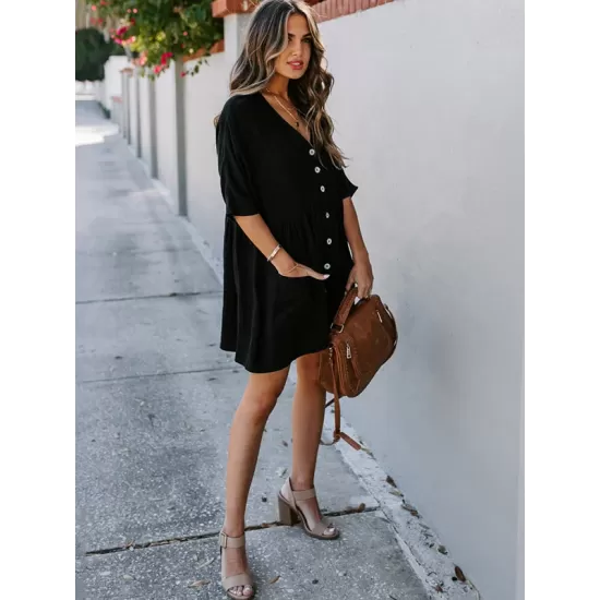 Half Sleeve V-Neck Button Loose Cover-Up Swimwear Half Sleeve V-Neck Button Loose Cover-Up Swimwear