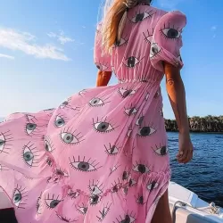 Demon Eyes Print Short Sleeve Cardigan Thin Cover-Up Swimwear