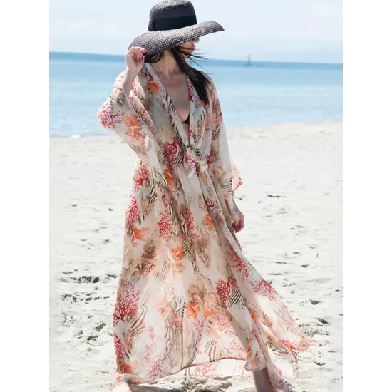 Chiffon Printed Loose Thin Cardigan Vacation Cover-Up Swimwear Chiffon Printed Loose Thin Cardigan Vacation Cover-Up Swimwear