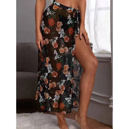 Floral Print Split-Side Mesh See-Through Cover-Up Swimwear Floral Print Split-Side Mesh See-Through Cover-Up Swimwear