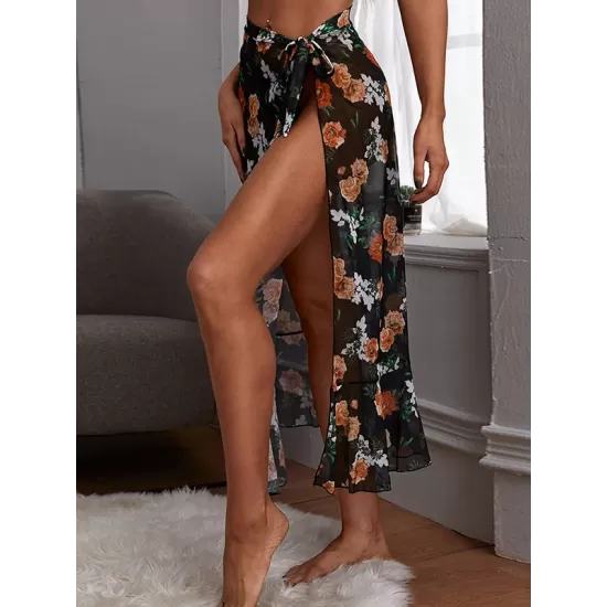 Floral Print Split-Side Mesh See-Through Cover-Up Swimwear Floral Print Split-Side Mesh See-Through Cover-Up Swimwear