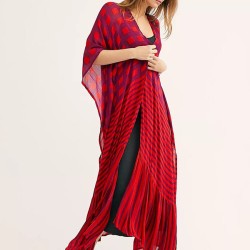 Plaid Chiffon Long-Sleeves Cover-Up Swimwear