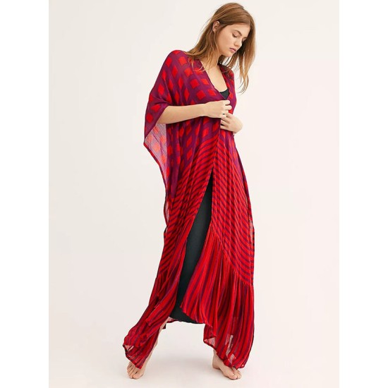 Plaid Chiffon Long-Sleeves Cover-Up Swimwear Plaid Chiffon Long-Sleeves Cover-Up Swimwear