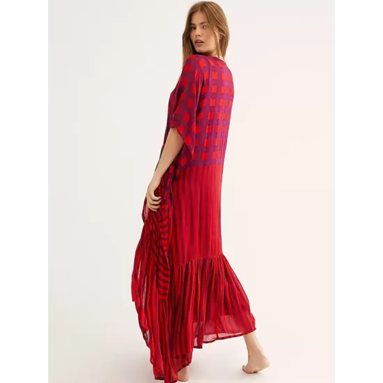 Plaid Chiffon Long-Sleeves Cover-Up Swimwear Plaid Chiffon Long-Sleeves Cover-Up Swimwear