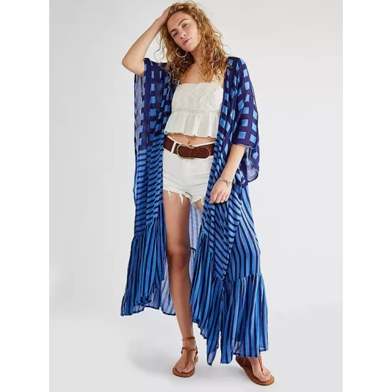 Plaid Chiffon Long-Sleeves Cover-Up Swimwear Plaid Chiffon Long-Sleeves Cover-Up Swimwear